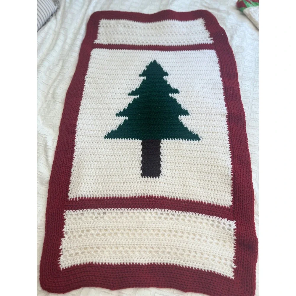 Handmade Crochet Christmas Tree Blanket Red White Green Holiday Throw 24